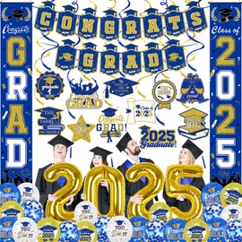 38Pcs Blue and Gold 2025 Graduation Decorations Set - Congrats Grad Banner, Grad Hanging Swirls, 2025 Porch Banner and Foil Balloons for 2025 Graduation Party Decorations Blue and Gold