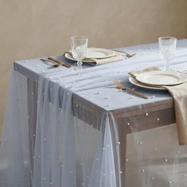 Horaldaily - Mantel de gasa blanca y azul perla, rectangular, de 60 x 84 pulgadas, diseño de gasa de tul de primavera, verano, para decoración de mesa de boda y cumpleaños