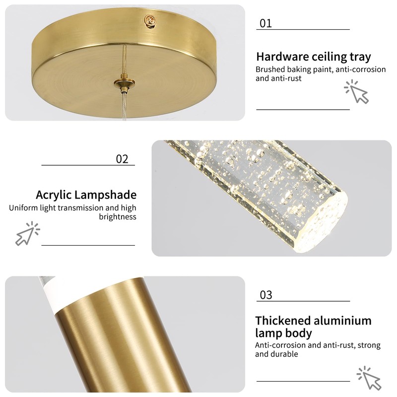 3 Pack Modern Kitchen Island Pendant Lights, Gold Bubble Crystal