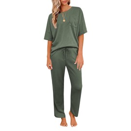 JiniGolla Pj Set for Women Waffle Pajamas Sleepwear Soft Pjs Loungewear Two Piece Short Sleeve Lounge Set Green XL