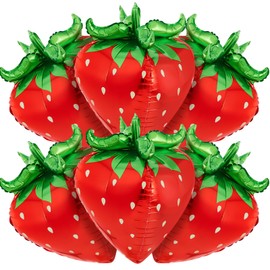 PullCrease 6 Pack 4d Strawberry Balloons 29 Inch Giant Cute Strawberry Foil Balloons for Summer Sweet Berry Themed Birthday Party Decorations Supplies Favors