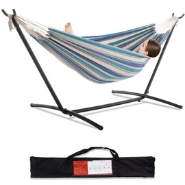 PNAEUT Double Hammock with Space Saving Steel Stand Included 2 Person Heavy Duty Garden Yard Outdoor 450lb Capacity Hammocks (Lightblue)