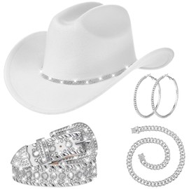 Tisancy 4 Pcs Rhinestone Belt for Men Women Glitter Cowboy Hat Diamond Chain Earring Outfit for Party Supplies(White)