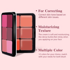 Noerrors 12 Colors Cream Blush Palette, Long Lasting Matte Blush Contour Highlight Palette Waterproof Smudge Proof Blendable Full Coverage Blush Palette Makeup with Brush