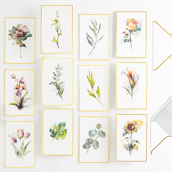 Crisky 50 Floral Greeting Cards with Envelopes Greenery Stationary Cards Watercolor Blank Notecards Envelopes Set, 4"X6" Folded Thank You Cards for Wedding, Baby Shower, Business, Graduation