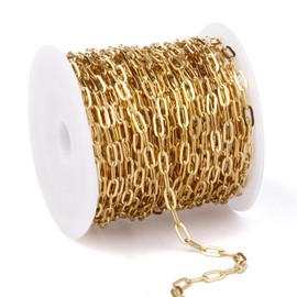 [33 Ft] 18K Gold Plated Paperclip Chains Roll, 3.3mm Gold Stainless Steel Oval Link Chains Spool Bulk for Jewelry Making