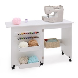 walsport Folding Sewing Table Multipurpose Craft Station & Side Desk with Compact Design, Wheels with Locks,(White)