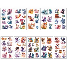 Cute Animal Tattoo Stickers - Watercolor Cartoon Dogs Cats Pets Temporary Tattoos for Face and Body Party Supplies for Kids