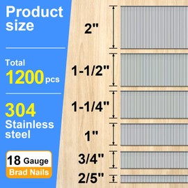 SimCos 18 Gauge 304 Stainless Steel Brad Nails 18 GA Nail Gun Nails Assorted and Small Finishing Nails for Pneumatic, Electric Brad Nailer (2/5"+3/4"+1"+1-1/4"+1-1/2"+2"-1200 pcs)