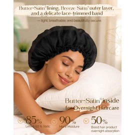 Yanibest Breathable Butter-satin Lined Bonnet, Silk Hair Bonnet for Sleeping Women, Night Cap for Curly Fine Straight Hair, Black