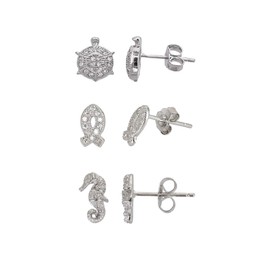 Sterling Silver Rhodium Turtle, Sea Horse & Petite Jesus Fish Stud Earring Set