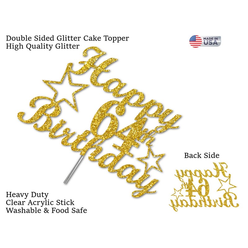Decoración para tarta de 64 cumpleaños con purpurina dorada, ideal