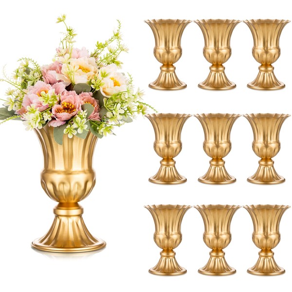 Sziqiqi Gold Flower Arrangements Vase for Wedding Table Centerpiece - 9in Metal Planter Vase Pot for Artificial Real Flower Small Trumpet Plant Urn for Garden