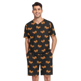 BRIVOKA Men's Animal Red Squirrels Short Sleeve Pajama Set Animal Red Squirrels PJ Set Summer Pajamas Nightwear with Pockets,2-piece Lightweight Sleepwear for Men XL