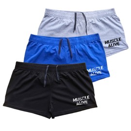 Muscle Alive Mens Bodybuilding Shorts 3" Inseam Cotton, Ma Black+blue+gray-3pcs(3" Inseam), Medium