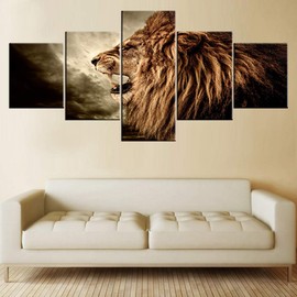 african Howling Lion Pictures Animal Wall Art for Living Room Gloomy Scenery Paintings 5 Panel Prints on Canvas Wildlife Artwork Giclee House Decorations Framed Stretched Ready to Hang(50''Wx 24''H)