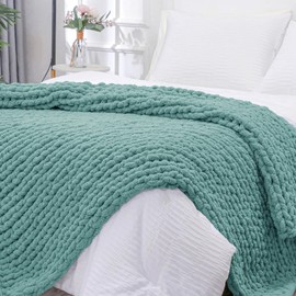 Bigacogo Chunky Knit Throw Blanket for Couch, 51x63 inches, 100% Hand Knitted with Thick Jumbo Chenille Yarn, Cozy Soft Large Rope Knot Cable Crochet Blankets for Sofa Bed Living Room, Light Teal