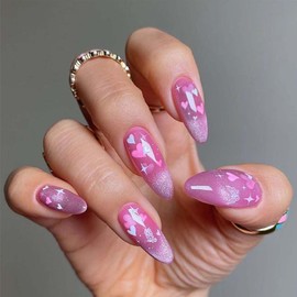Almond Press on Nails Medium Fake Nails Glitter with Heart Design Pink False Nails Acrylic Full Cover Artificial Nails Glossy Glue on Nail Valentine Stick on Nail for Women 24Pcs