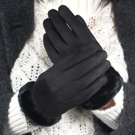 TOSKATOK Ladies Womens Stylish Faux Suede Soft Warm Cosy Winter Gloves with Cosy Liner and Faux Fur Cuff-BLACK