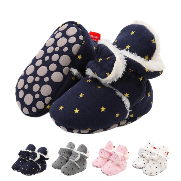 Aisprts Baby Shoes, Unisex Soft Bottom Non-Slip Newborn Baby Winter Boots, Cosy Fleece Lining Warm First Steps Shoes for Baby, Baby Shoes for 0-18 Months, T1 Dark Blue