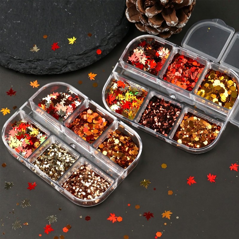 2Boxes Fall Maple Leaf Nail Sequins for Women
