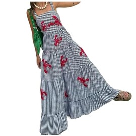 XPONNI Gingham Dress Lobster Summer Maxi Dresses for Women 2024 Shrimp Long Dress Flowy Ruffle Linen Sun Dress (Black,L,Large)