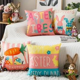 Volcanics Set of 4 Easter Pillow Covers 20x20 Inch, Hello Peeps Bunny Eggs Throw Pillow Covers, Happy Easter Holiday Colorful Spring Cushion Cases, Farmhouse Easter Decor for Home Sofa Couch