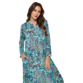 Casual Nights Women's Zip-Front Lounger Robe Long Duster Housecoat with Pockets, Aqua Green Paisley, XX-Large