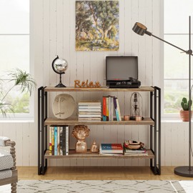 IRONCK Bookshelf Industrial 3 Shelf Bookcase, Wood Storage Shelf with Metal Frame for Living Room, Rustic Brown