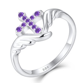 STARCHENIE Cross Ring 925 Sterling Silver Angel Wings Ring for Women February Amethyst Size6