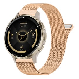 Mugust Bands Compatible with Garmin Vivoactive 4S / Venu 3S / Venu 2S / Vivomove 3S, 18mm Stainless Steel Mesh Loop Replacement Wristband Strap for Garmin Forerunner 255s/265S (Rose Gold)