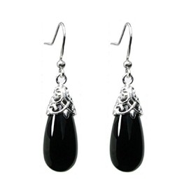 Sterling Silver Black Natural Onyx Teardrop Dangle Filigree Flower French Hook Earrings