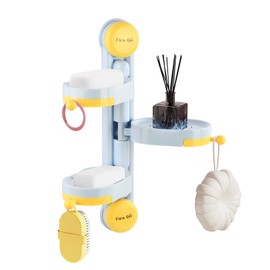 Shower Caddy Suction Cup Set, Removable Bathroom Organiser with Suction Cup, Soap Holder No Drilling, Wall Mounted Bathroom Storage for Shampoo, Shower Gel, Hair Conditioner, Soap, Blue and Yellow