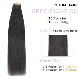 YDDM Black Women Tape Extensions Real Hair Black Yaki Straight Tape-In Hair Extensions Real Hair Tapes Invisible Extensions Real Hair Tape Extensions Real Hair 18 Inches 20 Pieces 40 g