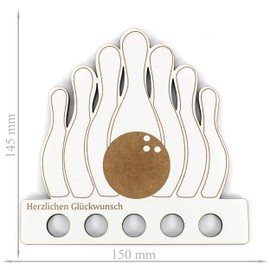 Geschenk Geldgeschenk für Bowling-Fans – personalisierbar mit Wunschtext – HDF Holzschild mit 5 Geldschein-Haltern – Geschenkidee für Bowler zu Geburtstag, Weihnachten oder als Vereinsgeschenk