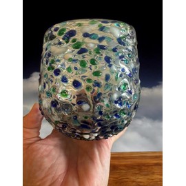 Set of 2 Hand-Blown Stemless Wine Glasses - 16 oz, Clear with Blue, White, and Green Speckled Rocks, Mexican Glassware, Dishwasher Safe