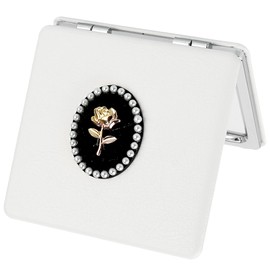 BUNCHBRAVO Folding Compact Mirror - Elegant Rose & Pearl Accent, Travel Pocket Mirror with 1x/2x Magnification for Makeup and Touch-up (Black)