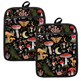 HUGANE Mushroom Oven Mitts Set, Vintage Mushroom Moth Botanical Floral Heat Resistant Kitchen Oven Gloves for Baking and Cooking,Pot Holders