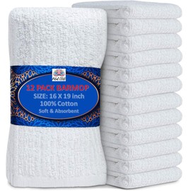 Petal Cliff 12 Pack, 100% Cotton Ribbed Terry Bar Mop Kitchen Towels for Kitchen, Highly Absorbent, Cleaning Kitchen Towels | Bar Cleaing Towels | Machine Washable | 16 x 19 Inches. (White)