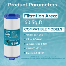 KEEPURE 6CH-960 Spa Filter Replacement for Jacuzzi Filters J300, 14081, 6000-383A, J400, FC-2800, PJW60TL-F2S, 6541-383, 6540-383 Hot Tub Filter with Closed Handle(Not be Removed), 60 sq.ft, 2Packs