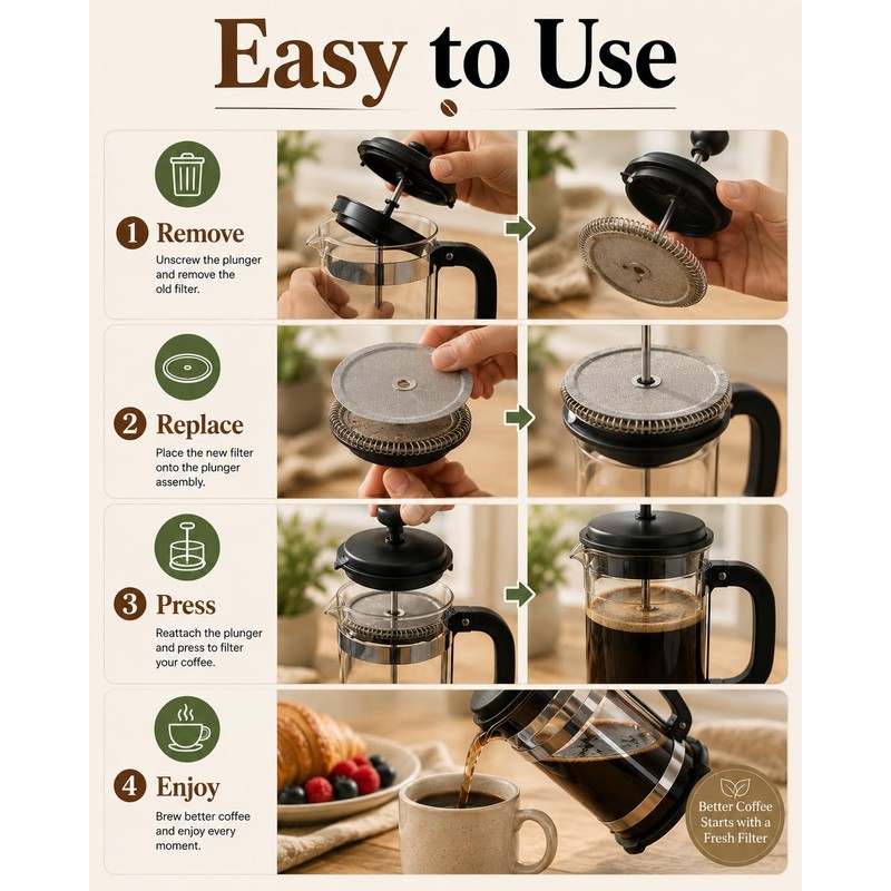 Runzefeng Cafetiere Filter Mesh 4 Pack, 10.2cm Stainless Steel Filters