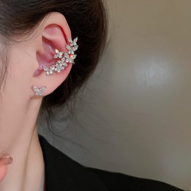 Jumwrit Zircon Butterfly Ear Cuff Earrings 925 Sterling Silver Earrings Mismatch Earrings Stud Ear Cuff Wrap Clip on Crawler Climber for Women Girls
