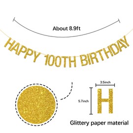 INNORU â„¢ Happy 100th Birthday Banner Gold Glitter Letters Hang Bunting - 100th Birthday Party Decorations Supplies