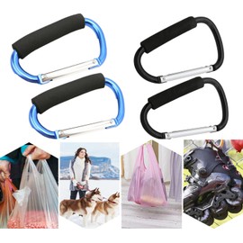 Magnoloran 4 Pack Grocery Bag Shopping Bag Holder Handle Carrier Tool Multi Purpose Snap Hook Baby Stroller Hook Stroller Organizer Hook Clips Carabiner Clip with Soft Cushion Grip, Black & Blue