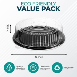 12" Catering Trays with Lids [10 Pack], Black Serving Tray with Clear Lid, Plastic Disposable Round Party Trays and Platters, Flan Containers with Lids, Dessert Sandwich Cookie Food Trays for Parties