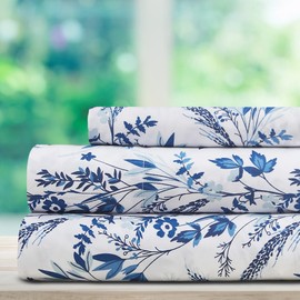 DREAMCARE Twin Size Sheets - Cooling Bed Sheets - Twin Sheet Set - Sheets Twin Size Bed - Twin Size Sheet Sets - Soft & Long Lasting 100% Fine Brushed Floral Sheets - Floral Blue