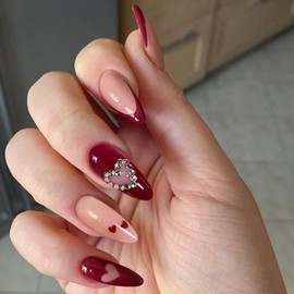 Red Heart French Tip Almond Medium Press on Nails Glossy Full Cover Artificial Rhinestone Fake Nails with Heart Designs Valentine's day Acrylic False Nails Glue ons Fingernails with Charm for Women