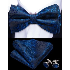 YOHOWA - Juego de pajarita para hombre, diseño de cachemira, corbatas preatadas, ajustables con pañuelo, gemelos de boda, fiesta de graduación, azul oscuro/negro , Talla única