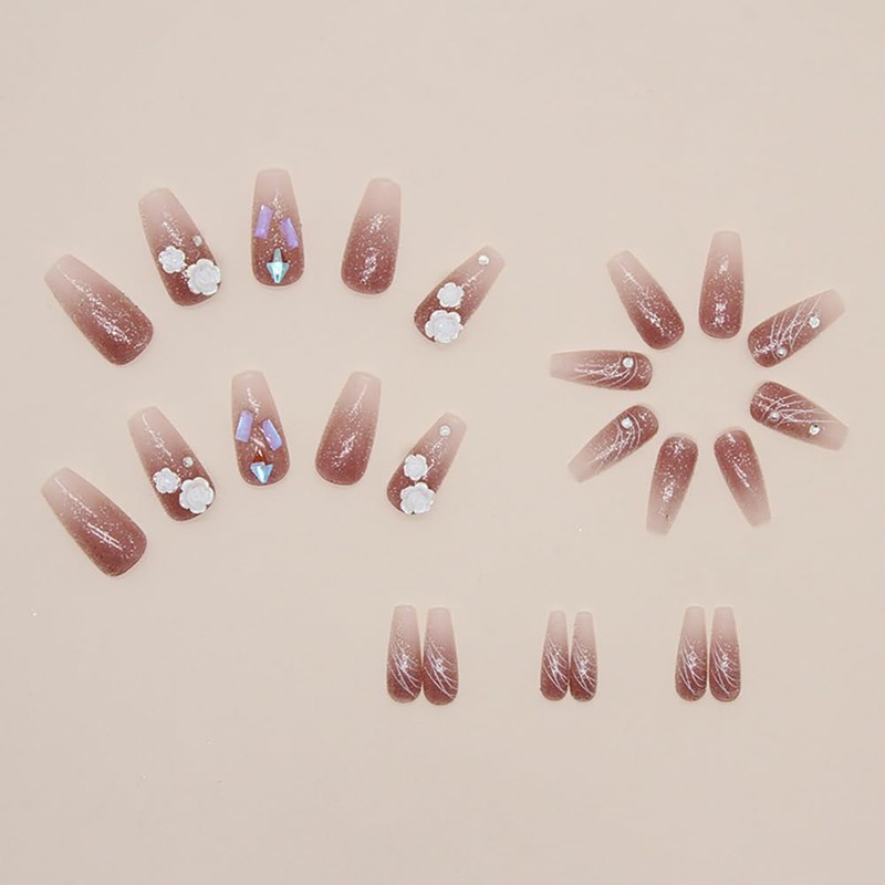 Set of 24 Nail Tips Bud Flower Decoration Line Square