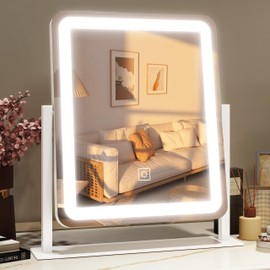 HNV Vanity Mirror with Lights - 15"x12.6" LED Lighted Makeup Mirror, Dimmable Touch Screen with 3-Color Lighting, 360° Rotation, Aluminum Frame for Vanity Desk Tabletop, Bedroom,White